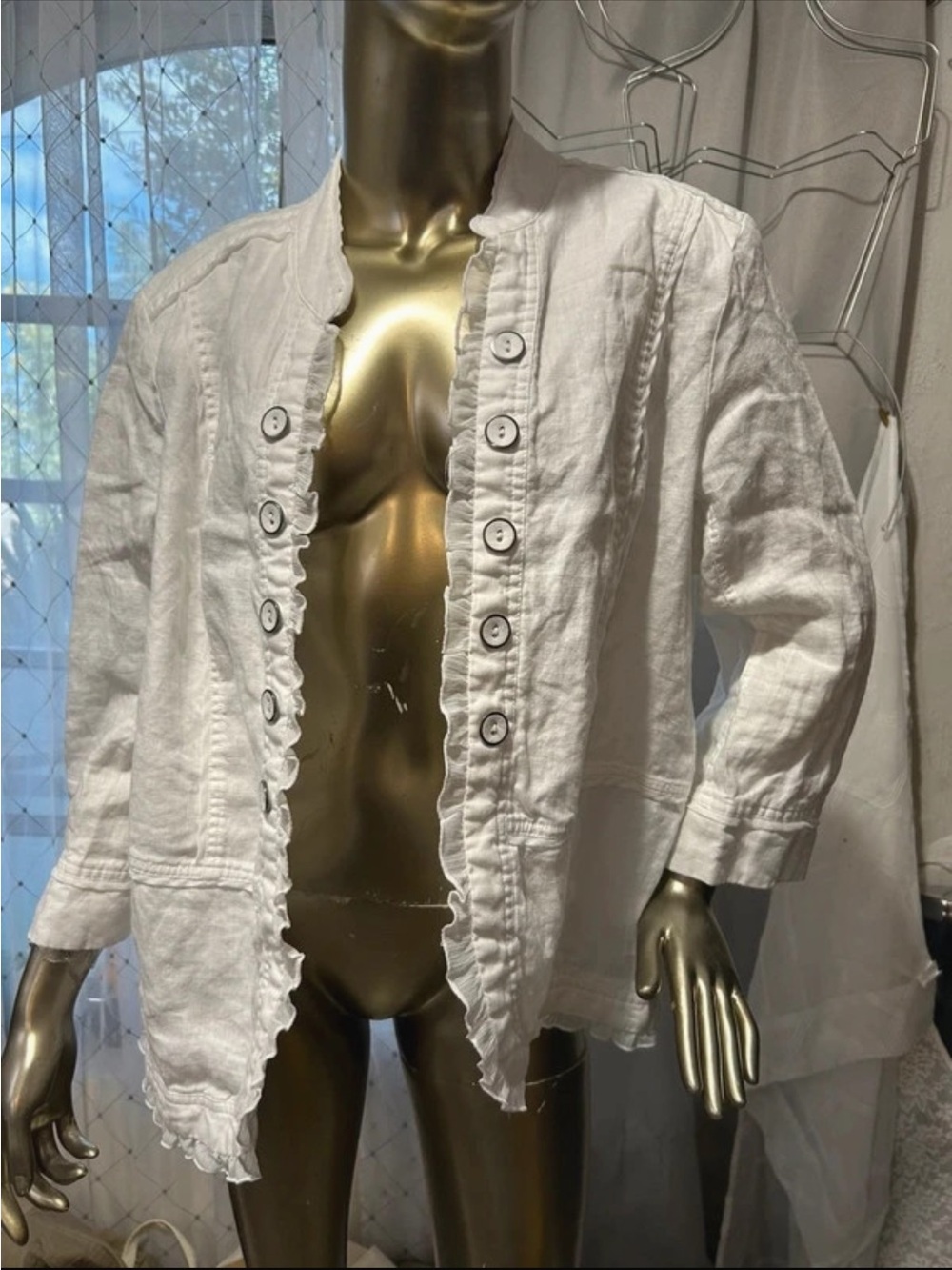 Multiples White Ruffle-Trim Linen Long Sleeves Jacket 1X Cottage Core Boho EUC